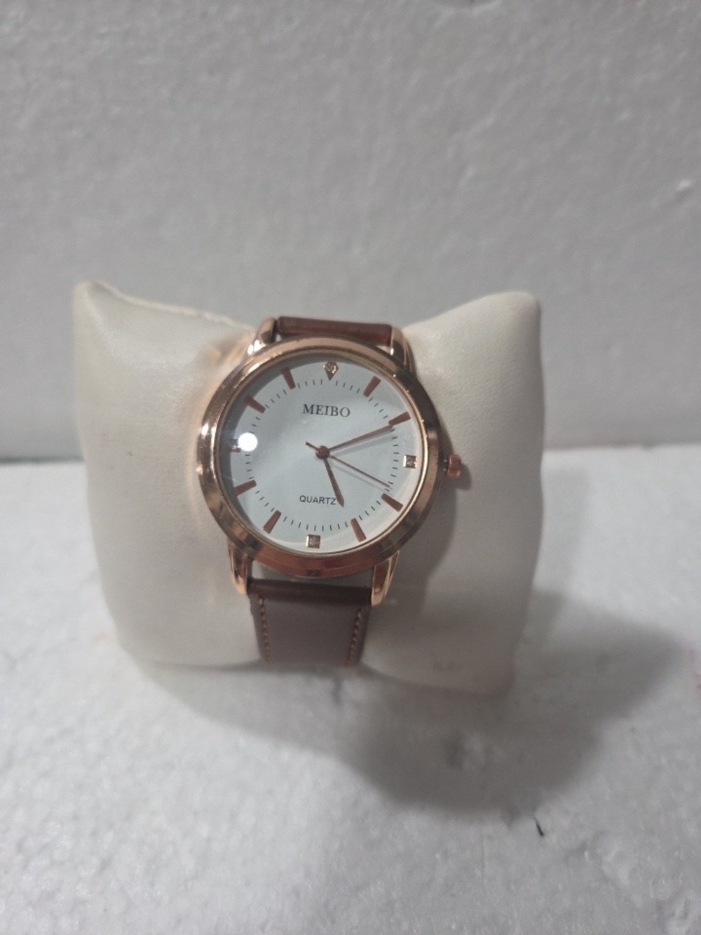 MEIBO Men's Brown Leather Strap Rose Gold Case Quartz Watch